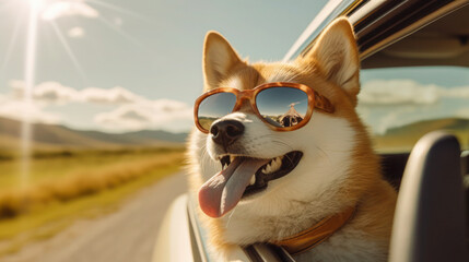 Paws and Shades: Shiba Inu Dog Peeking Out of Car Window with Leash on Summer Road Trip - Generative AI