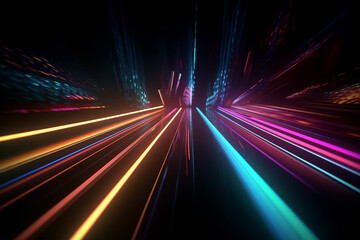 Fototapeta na wymiar Neon light abstract background, glowing ascending lines, Generative AI
