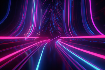 Fototapeta na wymiar Pink blue neon abstract 3d render background, glowing ascending lines, Generative AI