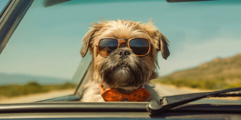 Travel with Furry Love: Brussels Griffon Dog in Sunglasses on Summer Road Trip - Generative AI