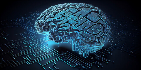 Glowing human electronic brain on an electronic circuit board. Generative AI
