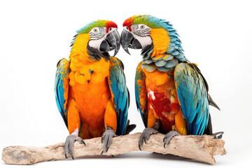 Couple of adult macaw parrots sitting on a branch isolated on white background. Generative AI