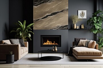 Designer living room details with fireplace and marble details. Elegant living room details, 3d render