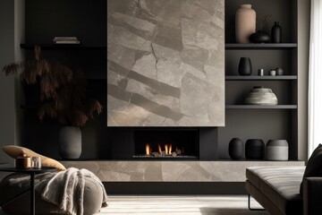 Designer living room details with fireplace and marble details. Elegant living room details, 3d render