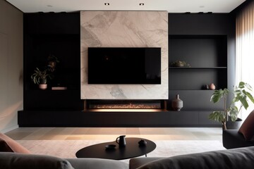 Designer living room details with fireplace and marble details. Elegant living room details, 3d render