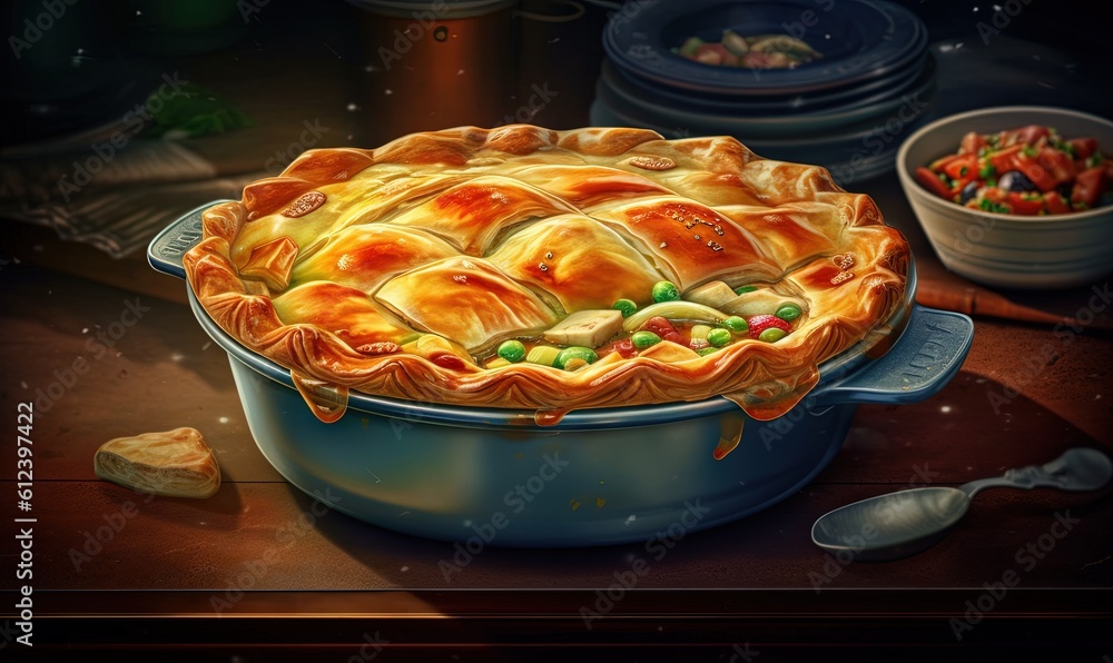 Poster a painting of a pot pie on a table with a bowl of salad in the background. generative ai