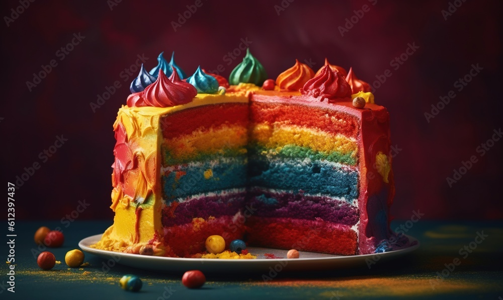 Poster a rainbow cake on a plate with a slice missing from it. generative ai