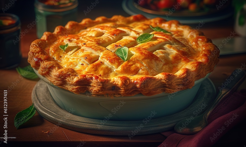 Poster a close up of a pie on a plate on a table. generative ai