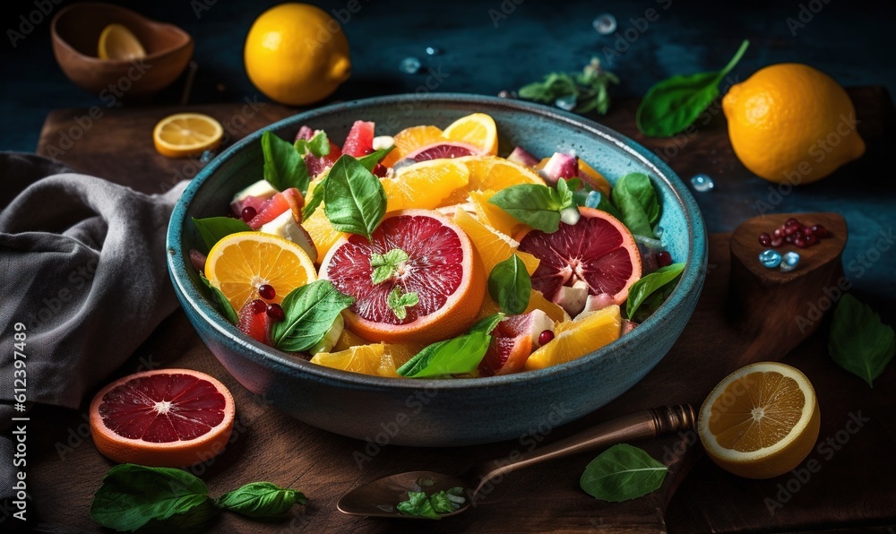 Aufkleber a bowl filled with oranges and spinach on top of a table. generative ai