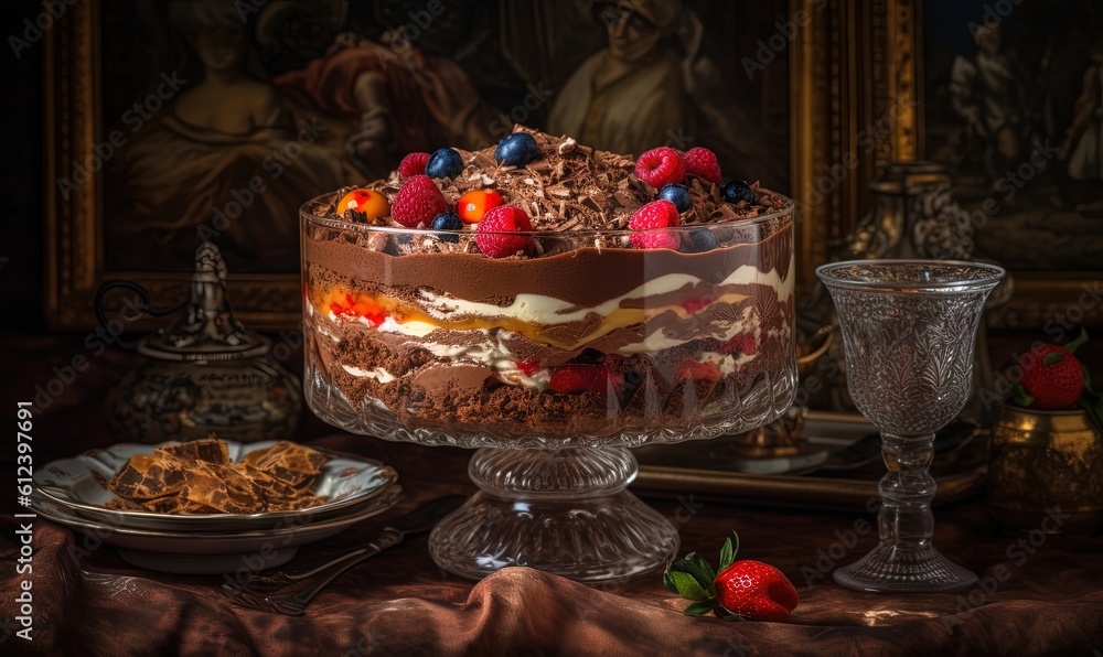 Poster a cake with chocolate frosting and berries on top of it. generative ai