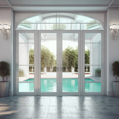 glass door swimming pool entrance with white interior illustration