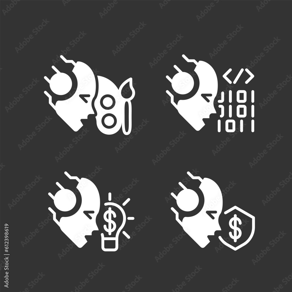 Poster artificial intelligence skills white linear glyph icons set for night mode. data science. negative s
