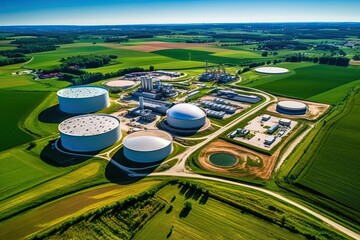 Renewable Energy and Modern Agriculture at Biogas Plant in Czech Republic. Aerial View of Green Fields and Sustainable Infrastructure for Bio-Fuel Production. Generative AI - obrazy, fototapety, plakaty