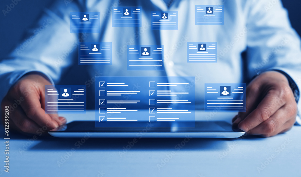 Poster human resources and management concept. employees must complete the online survey form, answer the t