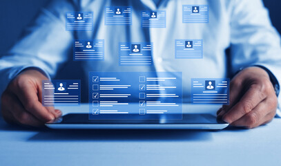 Human resources and management concept. Employees must complete the online survey form, answer the test questions. Marked checklist on a clipboard.	
