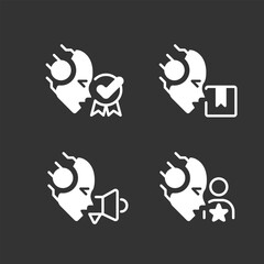 Artificial intelligence in business white linear glyph icons set for night mode. Negative space silhouette symbols on dark theme background. Solid pictograms. Vector isolated illustrations
