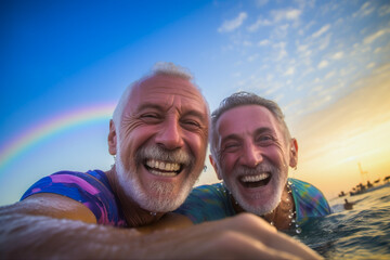 Happy gay couple swimming in the sea in Tel Aviv, Israel.