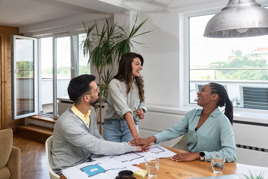 Start Up Business. Group Of Young Architects At Office. Architectural Designers Workers Working At New Project For Client. Smart People Projecting Their Ideas Together, Teamwork For Success.