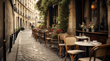 Fototapeta na wymiar Charming parisian sidewalk cafe,outdoor tables, Paris, France. Generative AI