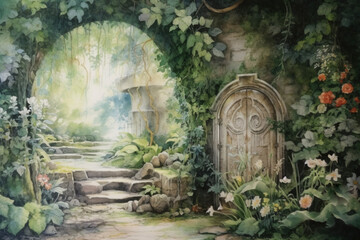 A serene and magical garden with delicate flowers, butterflies, and a hidden door leading to a magical world. Watercolor. Generative AI