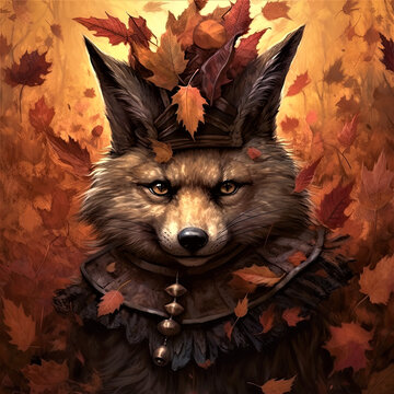 wolf, dog in autumn leaves. Generative AI image.
