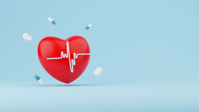 Red heart with white pulse line icon and medicine on blue background. 3D Render.