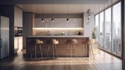 Modern kitchen with breakfast bar in an urban luxury apartment. Wooden floors, white facades, wooden bar counter with bar stools, large windows overlooking the city. 3d rendering. Generative AI