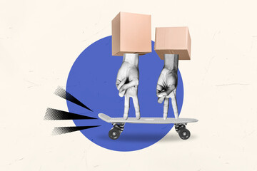Poster image sketch caricature collage of human arm finger standing skateboard fast order delivery...