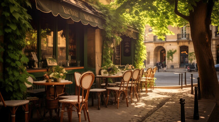 Fototapeta Charming parisian sidewalk cafe,outdoor tables, Paris, France. Generative AI obraz