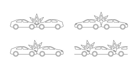 Car crash, accident of transport, line art icon set. Side, frontal and back collision. Broken vehicle. Vector outline