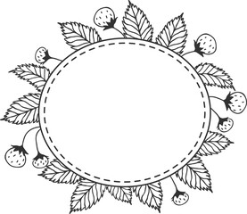 Rounded frame with leaves and strawberry, illustration drawing with black outline