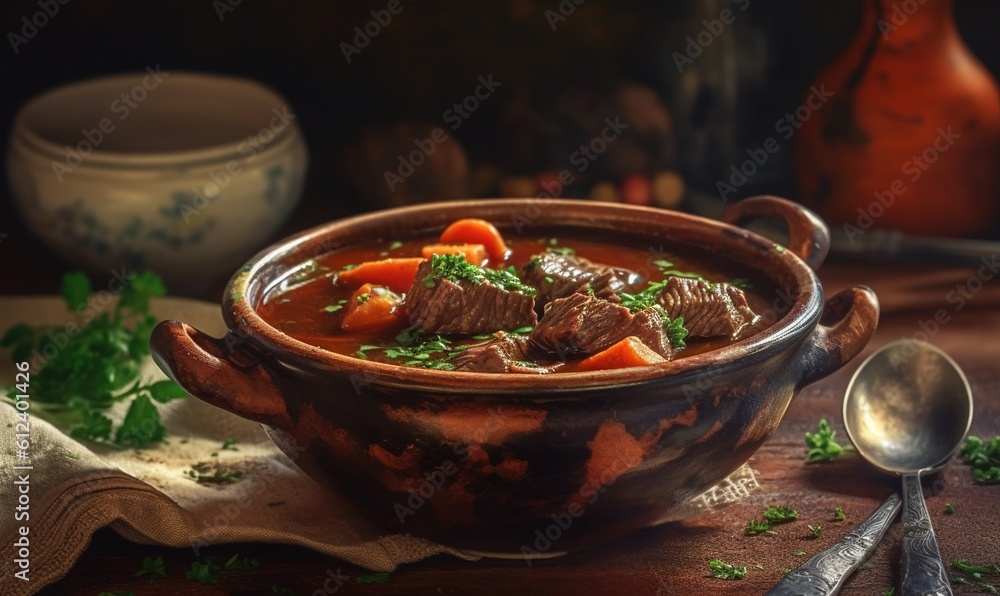 Poster a bowl of beef stew with carrots and parsley. generative ai