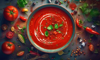  a bowl of tomato soup surrounded by tomatoes, peppers, and other vegetables.  generative ai - obrazy, fototapety, plakaty