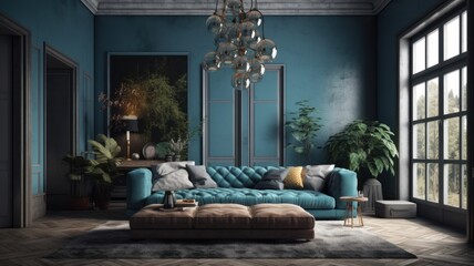 Modern elegant classic luxury living room in blue tones. Blue walls and chester sofa, ottoman, parquet floor and gray vintage carpet, live plants, panoramic windows. Generative AI
