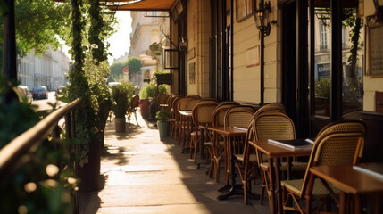 Fototapeta na wymiar Charming parisian sidewalk cafe,outdoor tables, Paris, France. Generative AI