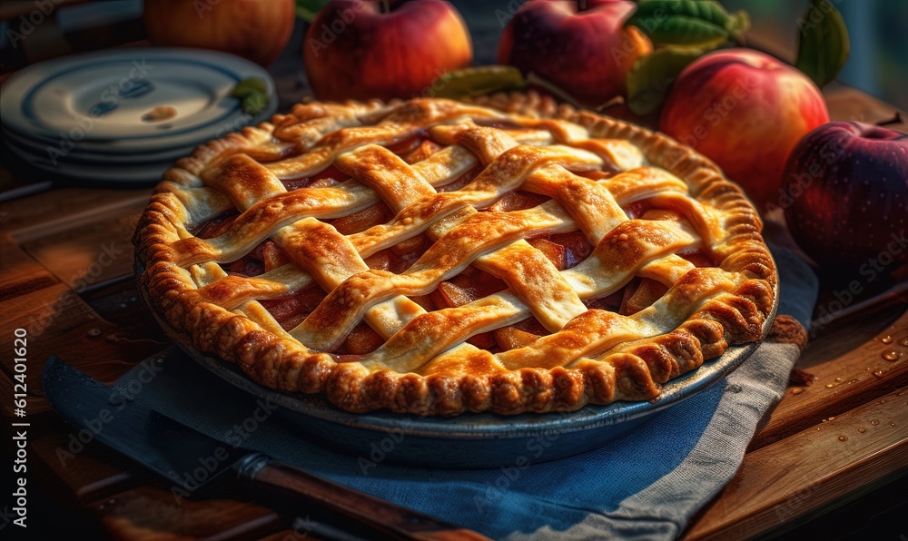 Poster an apple pie with latticed crust on a table with plates and utensils. generative ai