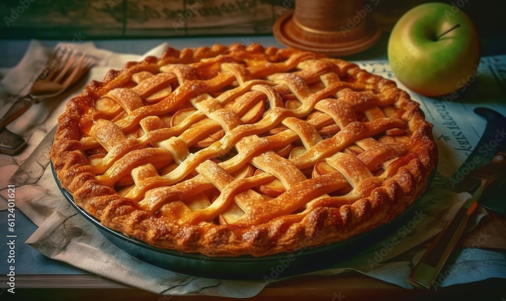 Poster a pie with a lattice design on top of a table. generative ai