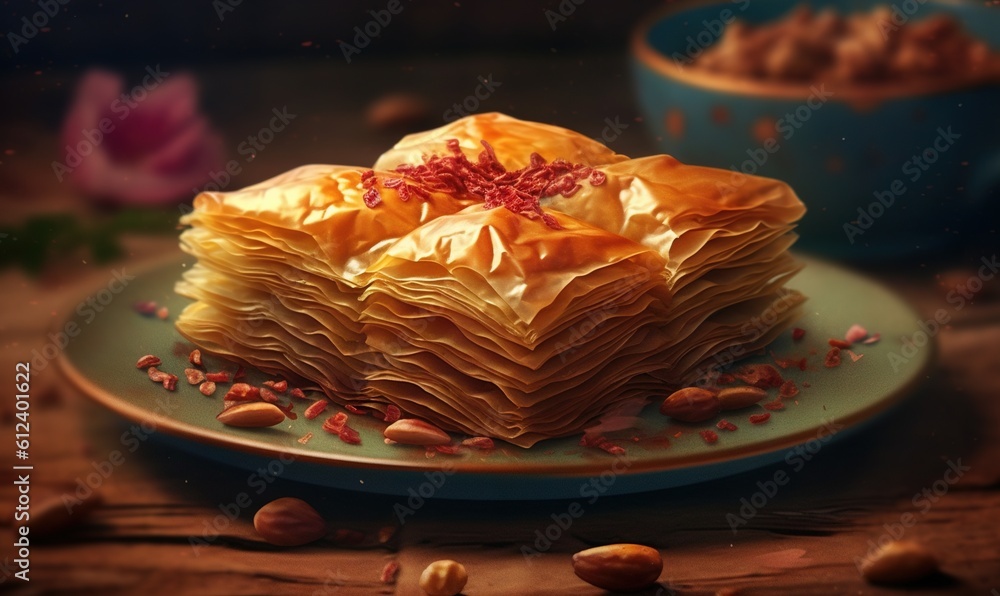 Poster a cake that is sitting on a plate with nuts around it. generative ai