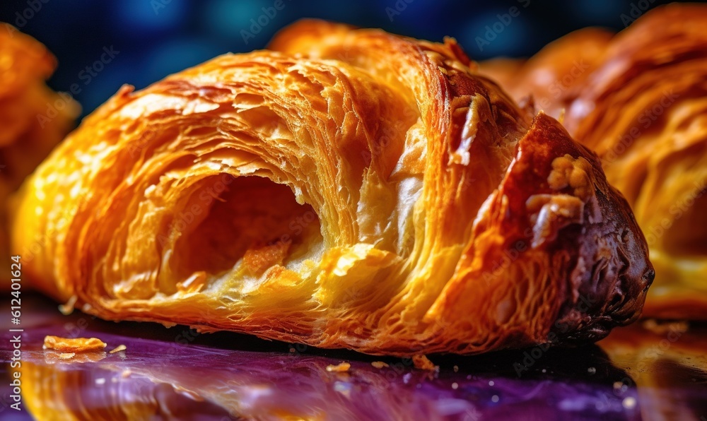 Poster a close up of a croissant on a table. generative ai