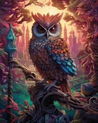 Fototapeta premium Majestic Artistic Owl Perched on a Branch: Wisdom and Serenity