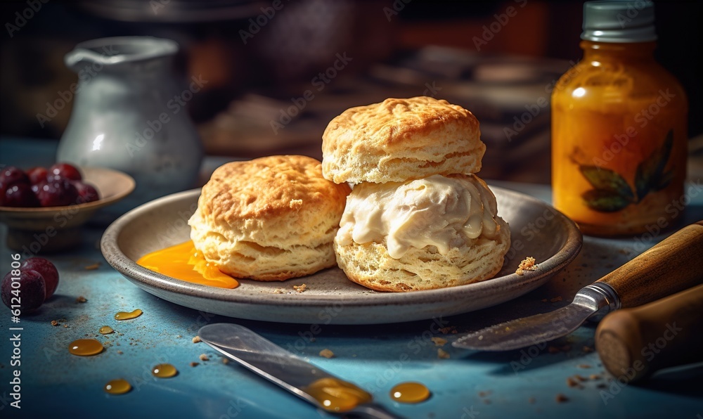 Poster a plate of biscuits with butter and jam on a table. generative ai