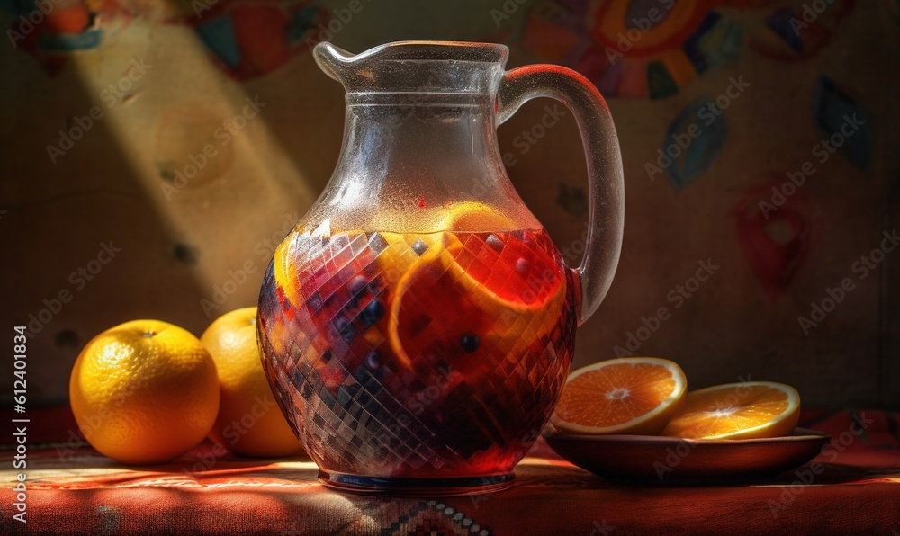 Poster a pitcher filled with liquid next to oranges and a plate. generative ai