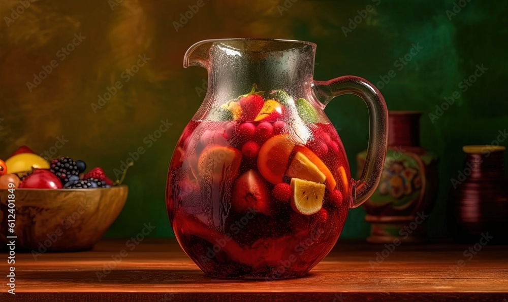 Poster a pitcher filled with fruit sitting on top of a table. generative ai