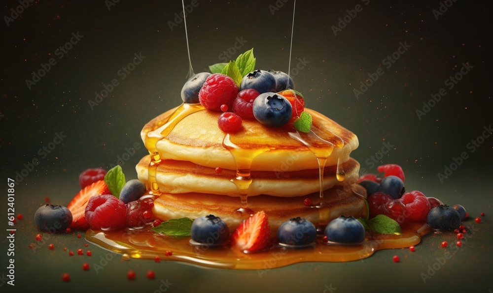 Poster a stack of pancakes covered in syrup and fruit on top of it. generative ai