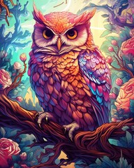Fototapeta premium Majestic Artistic Owl Perched on a Branch: Wisdom and Serenity