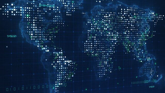 Digital Technology concept, world map abstract background.Digital Cyberspace with Particles and Digital Data Network Connections.Digital Data network technology.4k seamless loop.