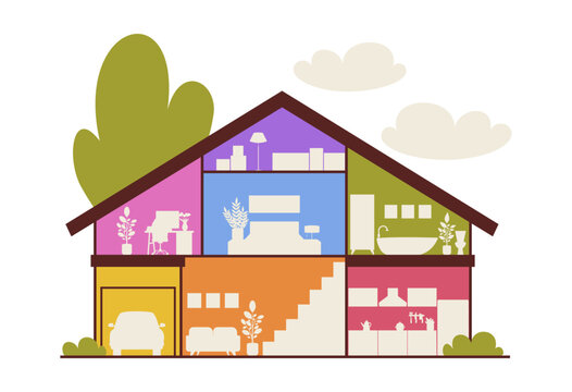 Cutaway house. Modern house interior. Furnished rooms. Silhouettes. Vector illustration.