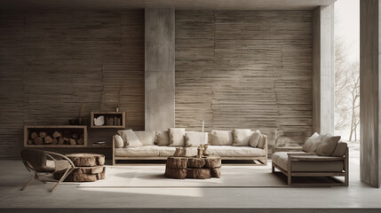 Wabi-sabi interior concept combined with Scandinavian minimalism created using generative AI