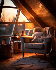 House interior view with Hygge style furniture and dramatic light coming from the window created using generative AI