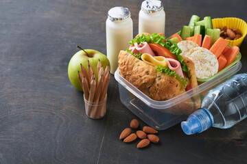 Healthy food for school lunch concept. Healthy bread, meat sandwich with cheese, apple, fresh cucumber, carrots, nuts in container, water and yogurt on dark background. Back to school concept.